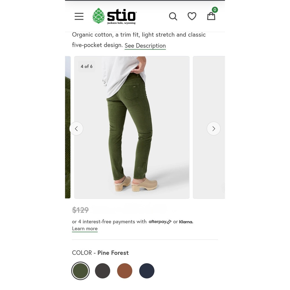 Stio Womens Rivet Cord Pants Pine Forest Green Organic Cotton Stretch‎ 4/R NEW